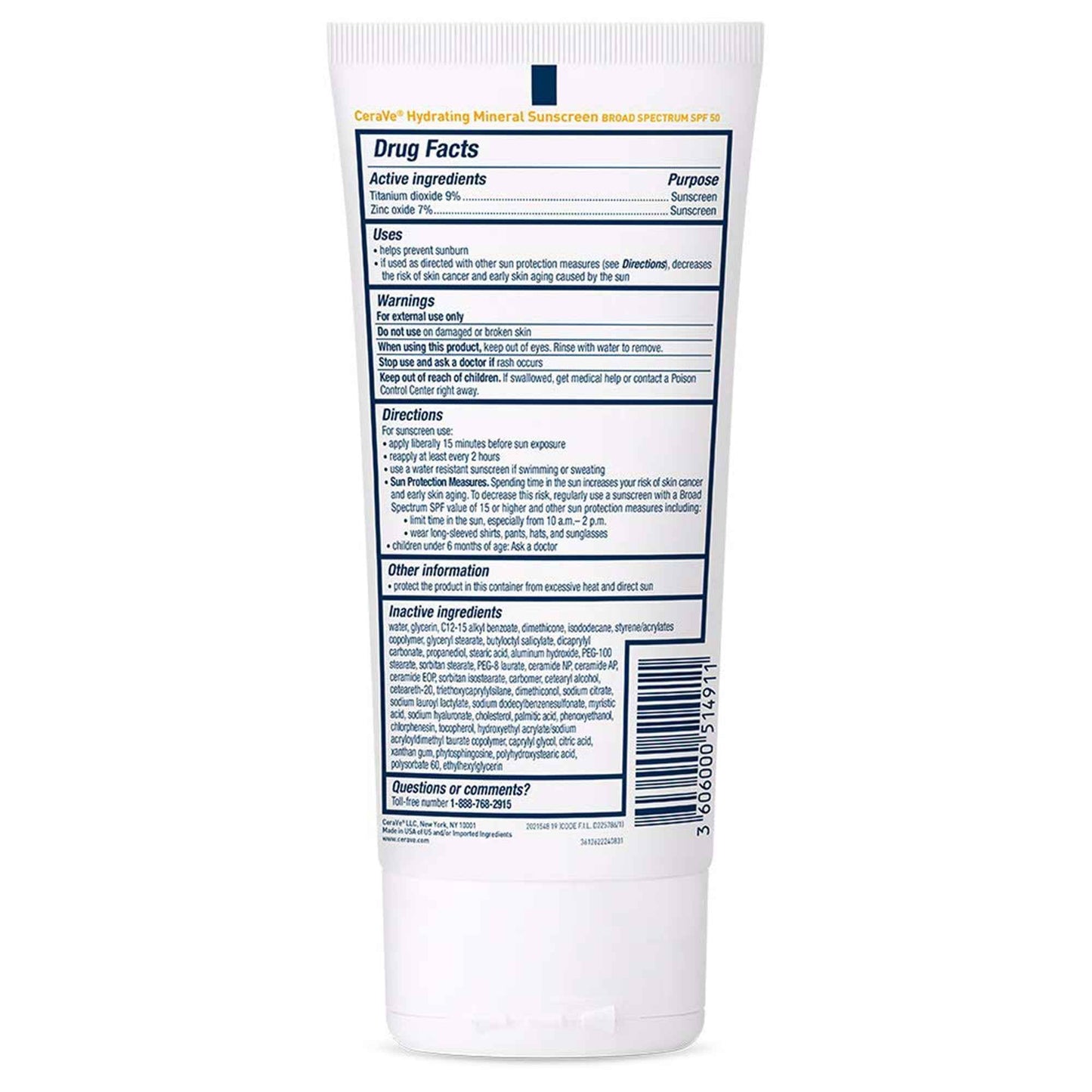 Sunscreen CeraVe® Hydrating Mineral Sunscreen SPF 50 Lotion 5 oz. Tube