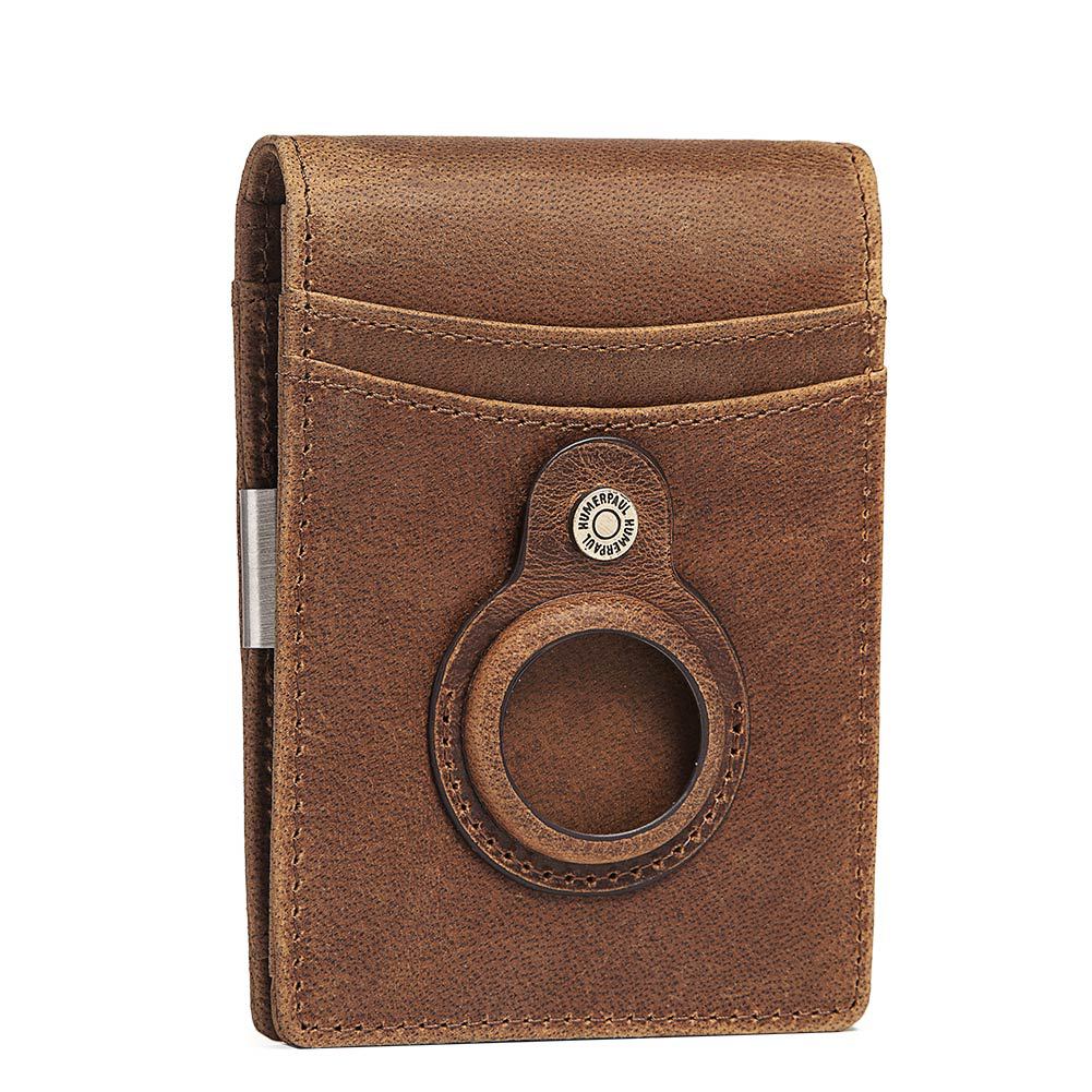 Men's Cowhide Leather Wallet with Money Clip & AirTag Holder