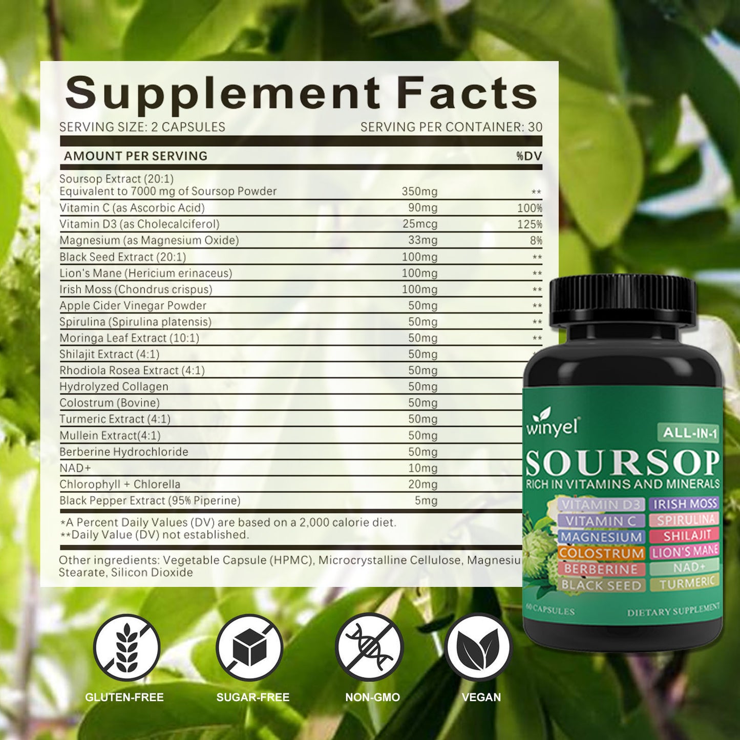 Soursop Herbal Supplement with 20 Herbal Extracts - Vegan Capsules for Daily Wellness