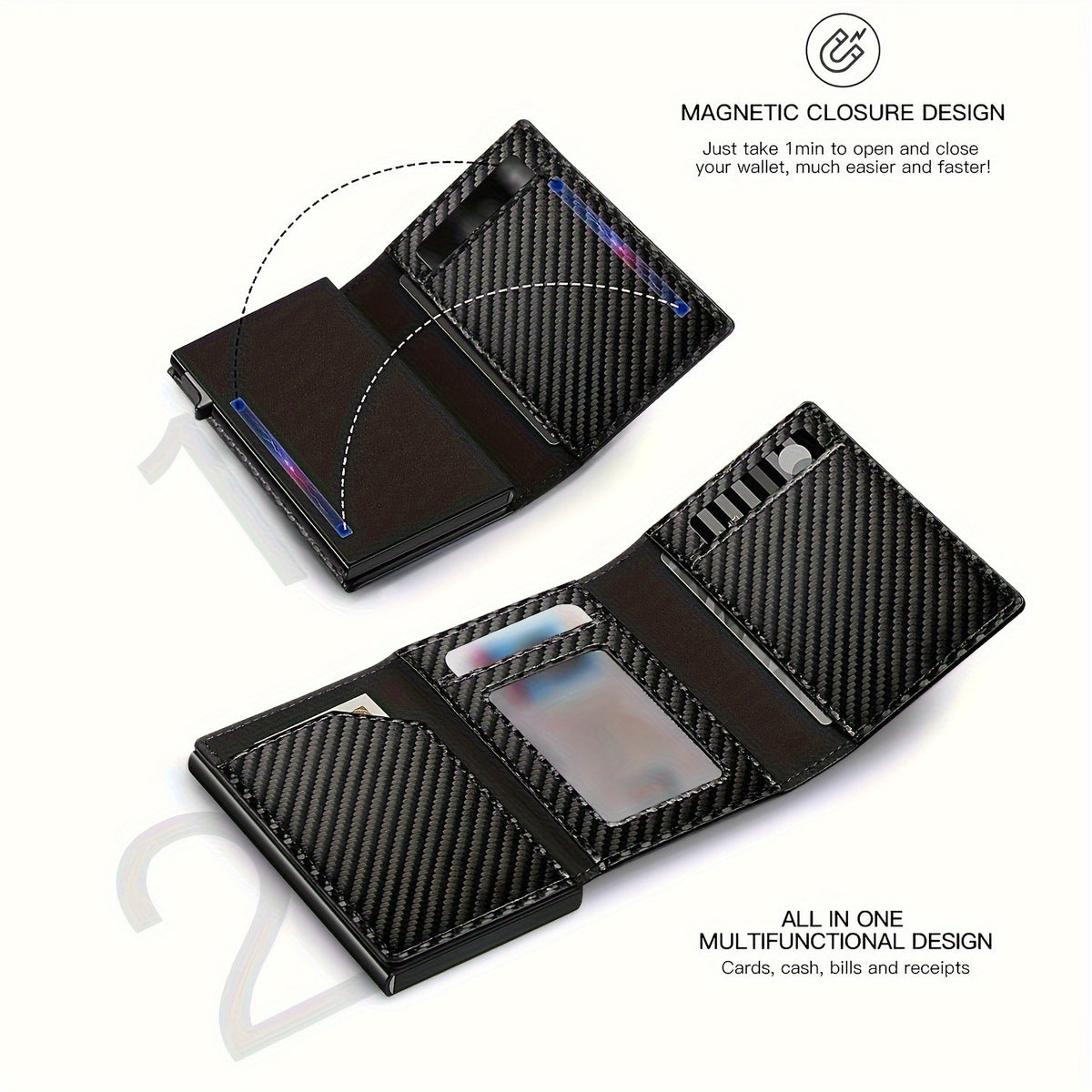 Men's Carbon Fiber Magnetic Card Clip - PU Leather RFID Card Holder