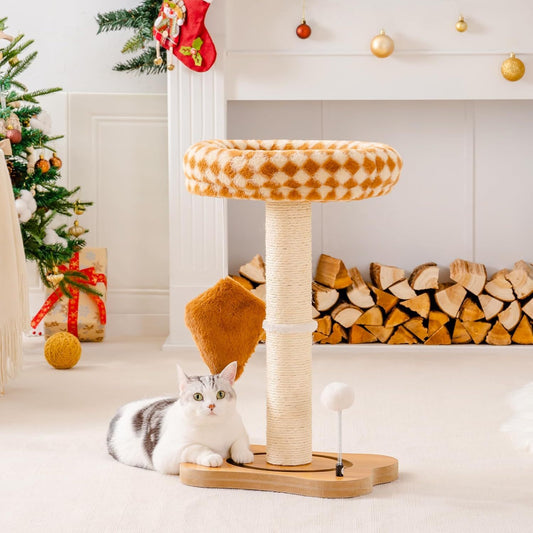 Mewoo Cat Scratching Post With Bed - Small Cat Tower With Sisal Scratcher, Removable Perch & Ball Track Toys For Indoor Cats Brown