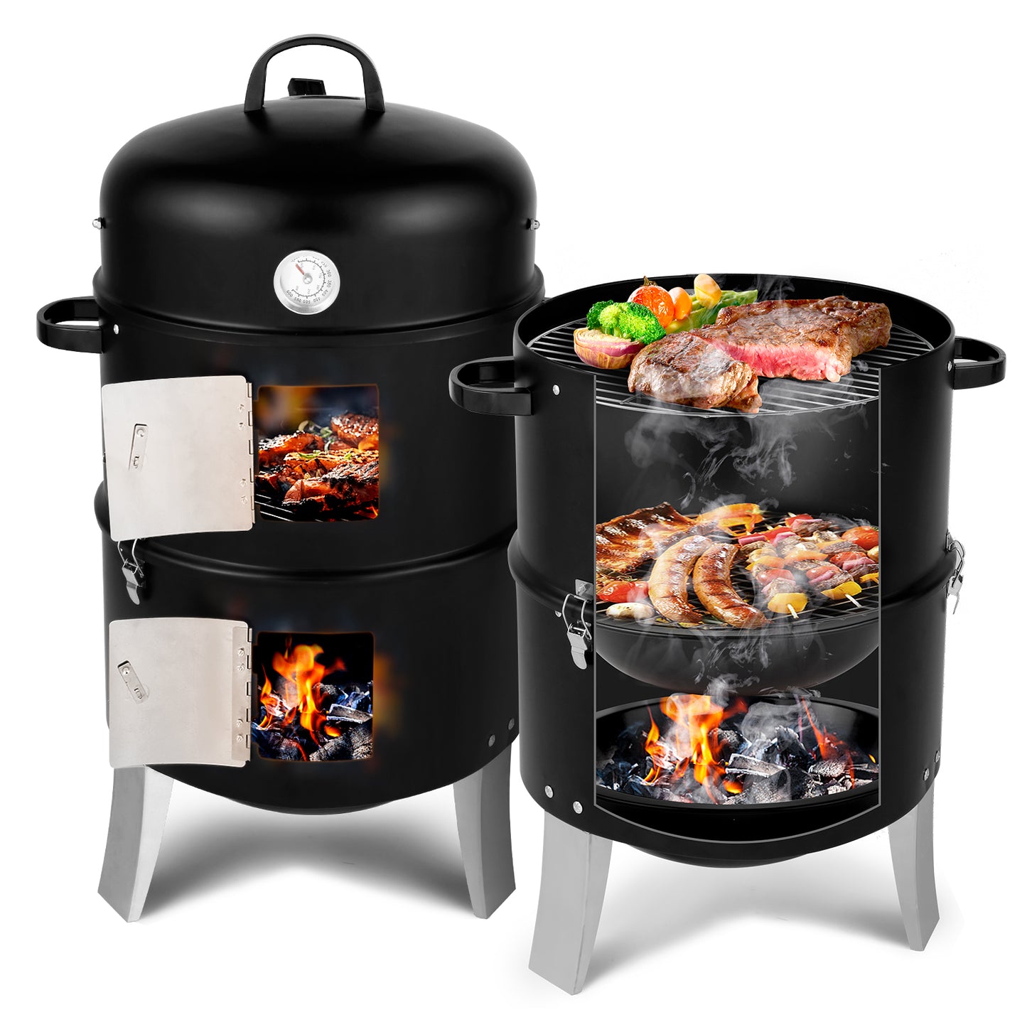 Black Charcoal Smoker Grill - Double-Walled Cylindrical BBQ Smoker 47x41.5x82cm