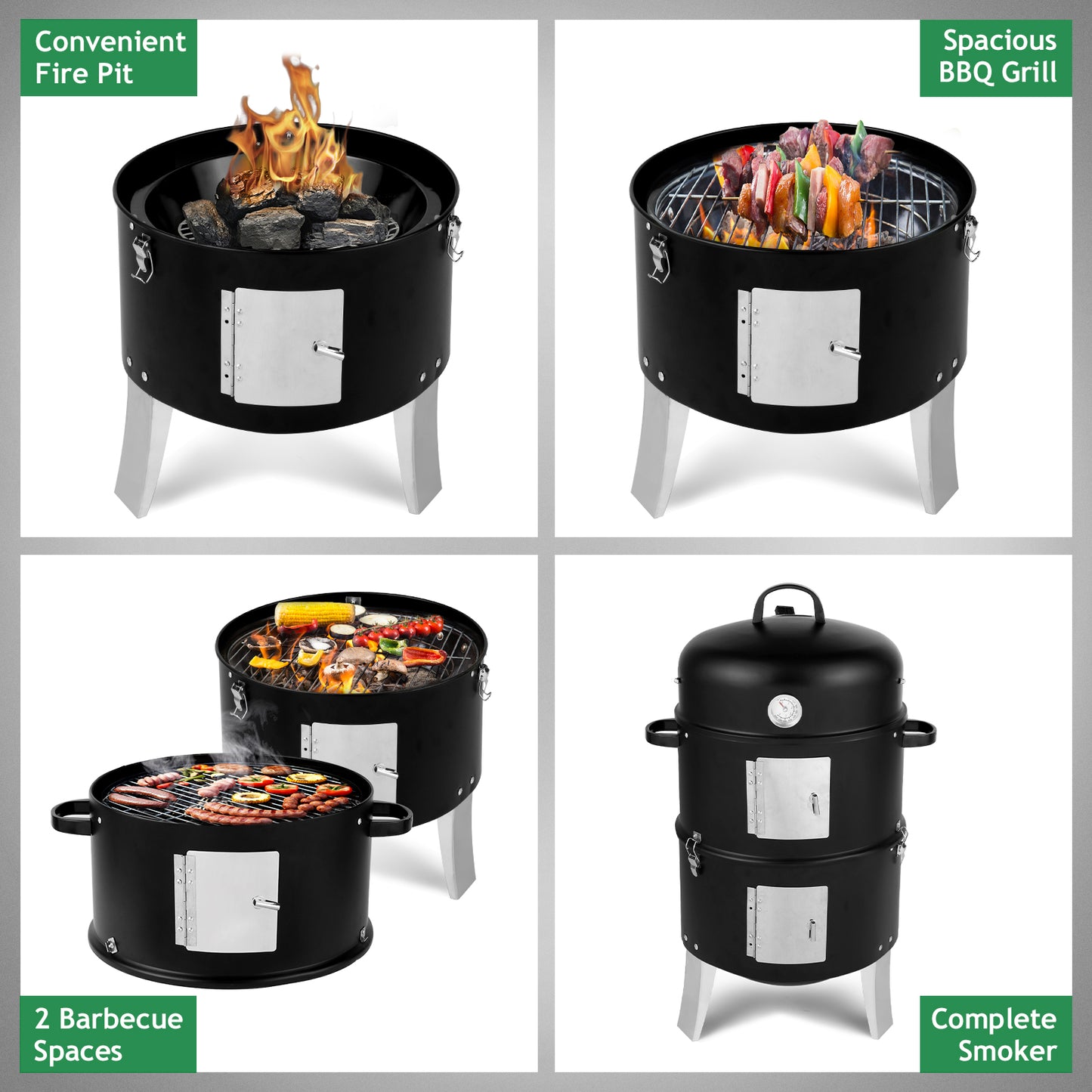 Black Charcoal Smoker Grill - Double-Walled Cylindrical BBQ Smoker 47x41.5x82cm