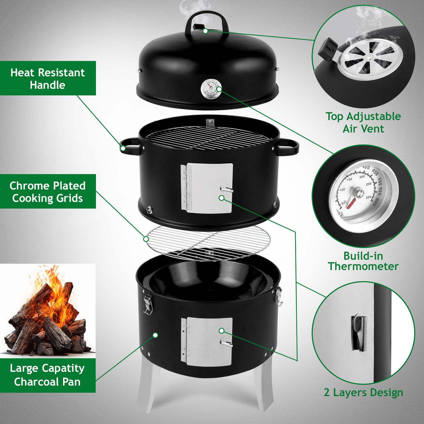 Black Charcoal Smoker Grill - Double-Walled Cylindrical BBQ Smoker 47x41.5x82cm
