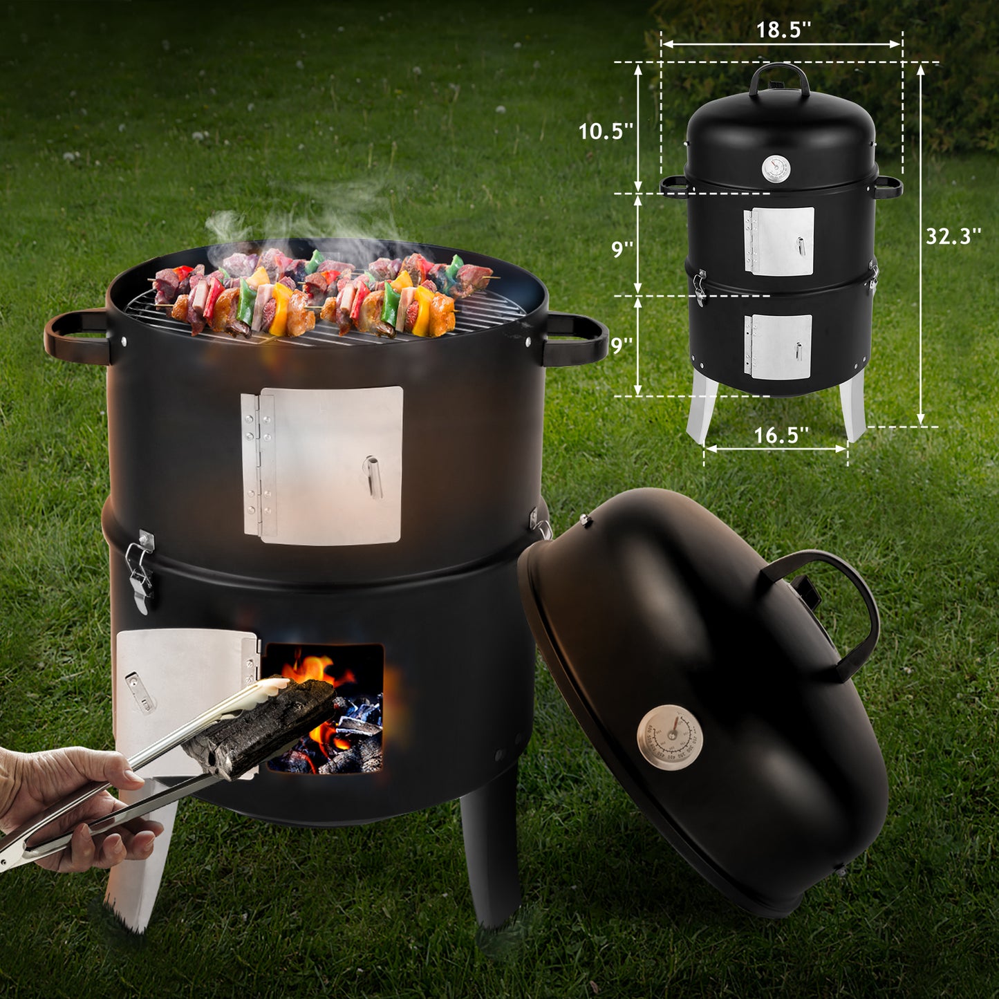 Black Charcoal Smoker Grill - Double-Walled Cylindrical BBQ Smoker 47x41.5x82cm