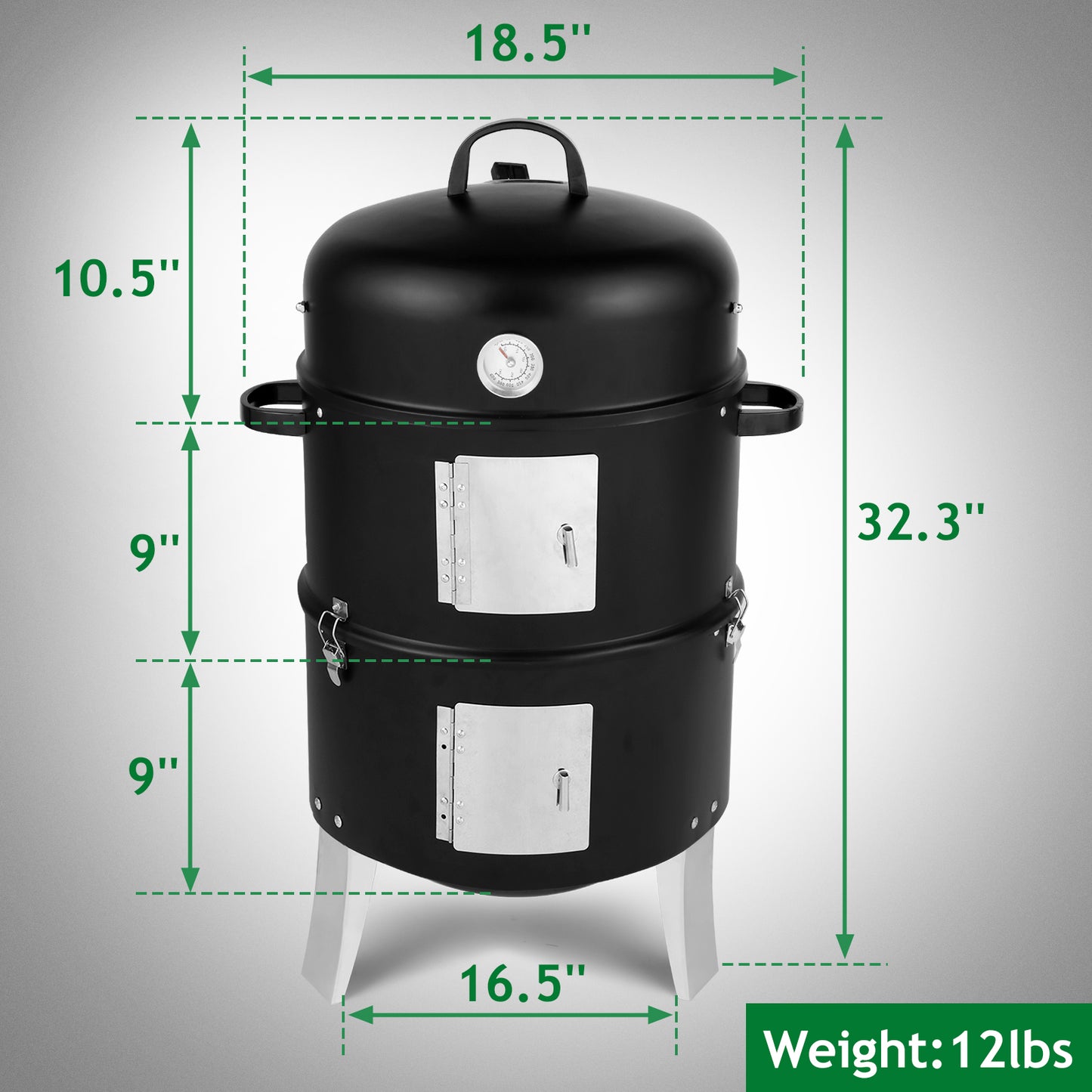 Black Charcoal Smoker Grill - Double-Walled Cylindrical BBQ Smoker 47x41.5x82cm