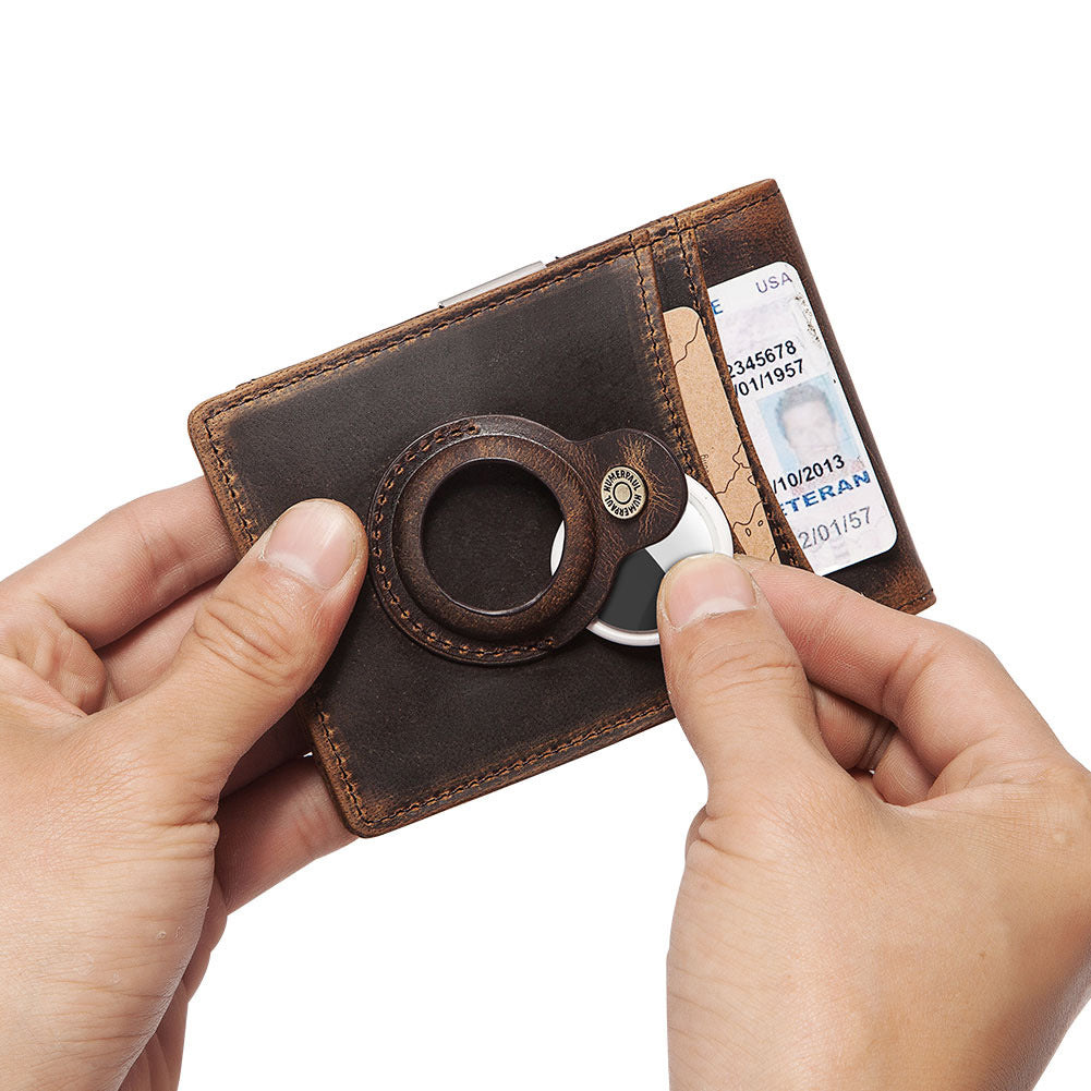 Men's Cowhide Leather Wallet with Money Clip & AirTag Holder