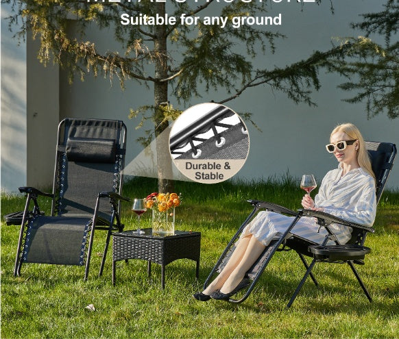 Set Of 2 Zero Cravity Lounge Chairs, Outdoor Patio Folding Recliners For Pool Beach With Pillow And Cup Holder