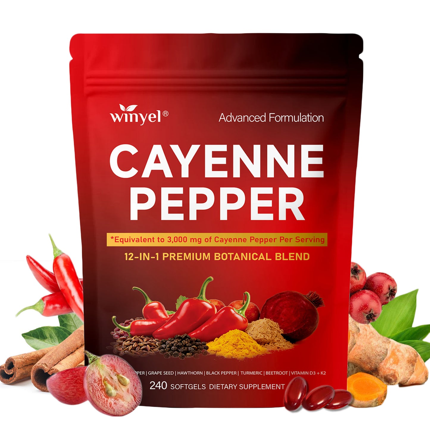 Chili Pepper Softgel Supplement for Vascular, Heart & Leg Vein Support - 240 Softgels
