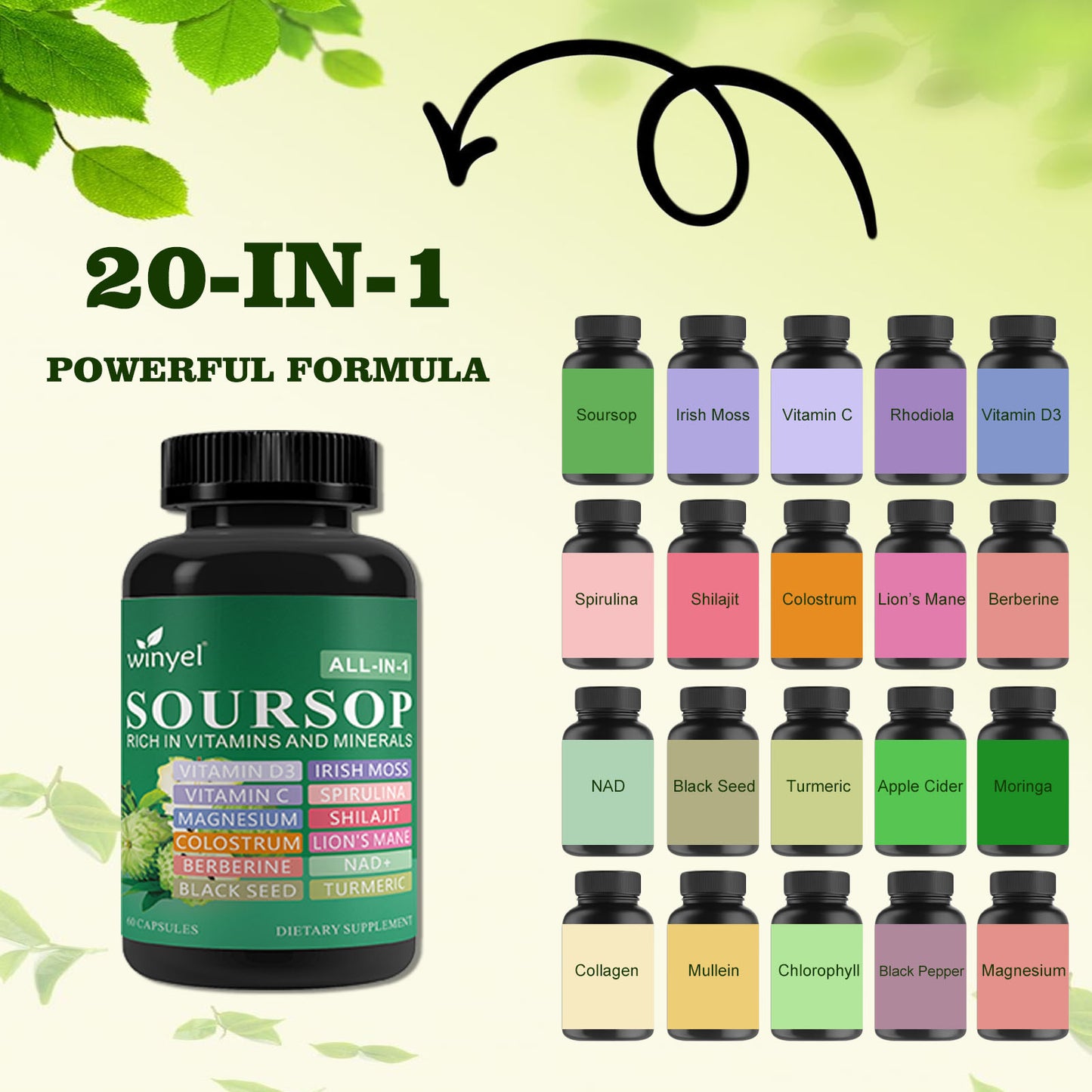 Soursop Herbal Supplement with 20 Herbal Extracts - Vegan Capsules for Daily Wellness