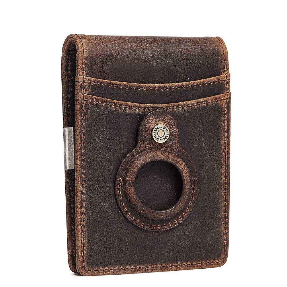 Men's Cowhide Leather Wallet with Money Clip & AirTag Holder
