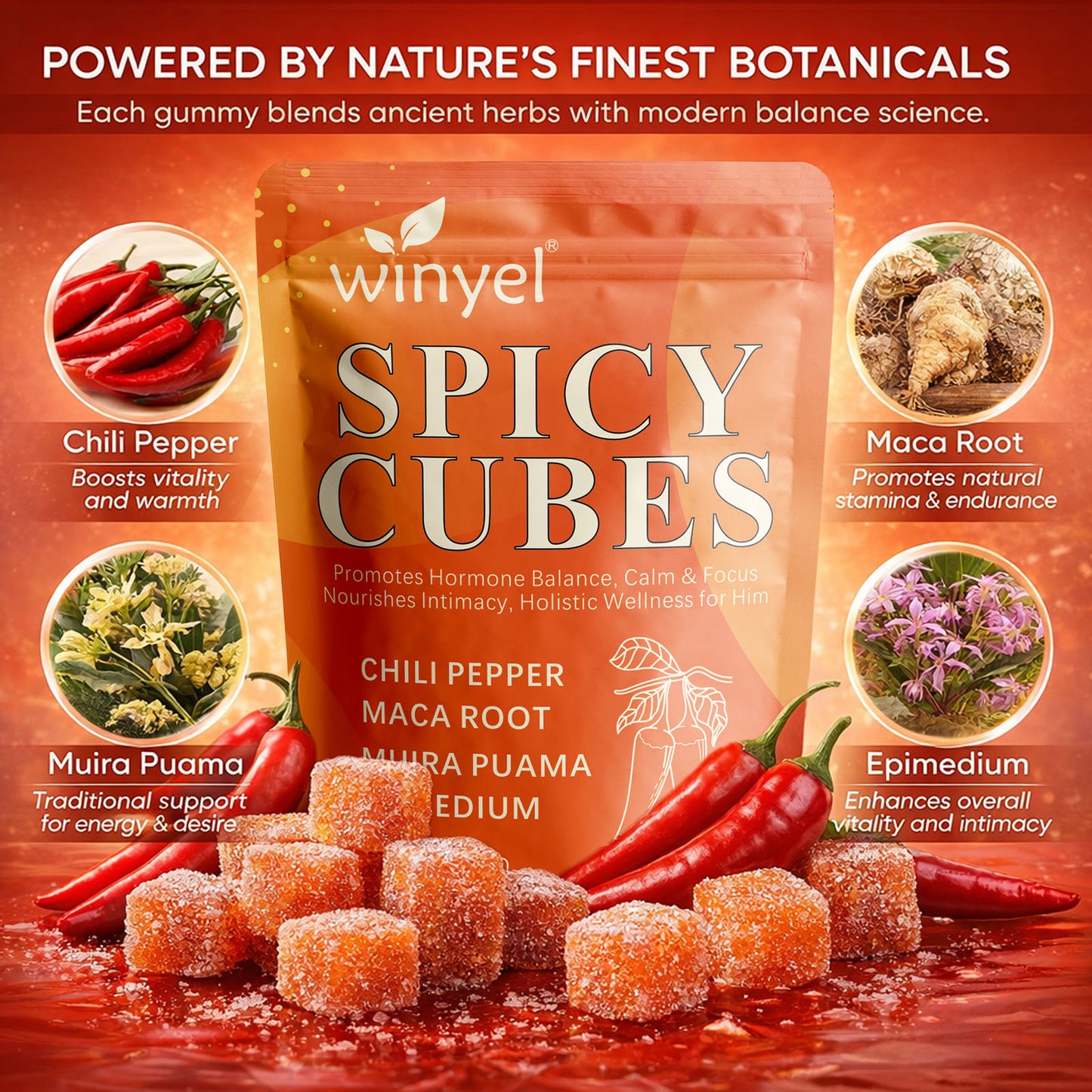 Spicy Intimacy Gummies - Chili Pepper, Maca & Muira Puama with Peach Flavor