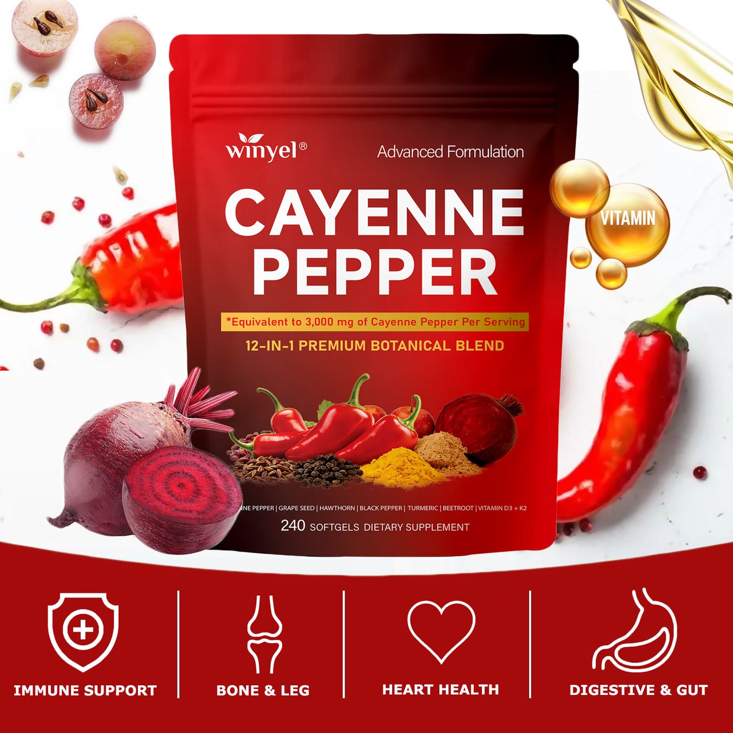 Chili Pepper Softgel Supplement for Vascular, Heart & Leg Vein Support - 240 Softgels