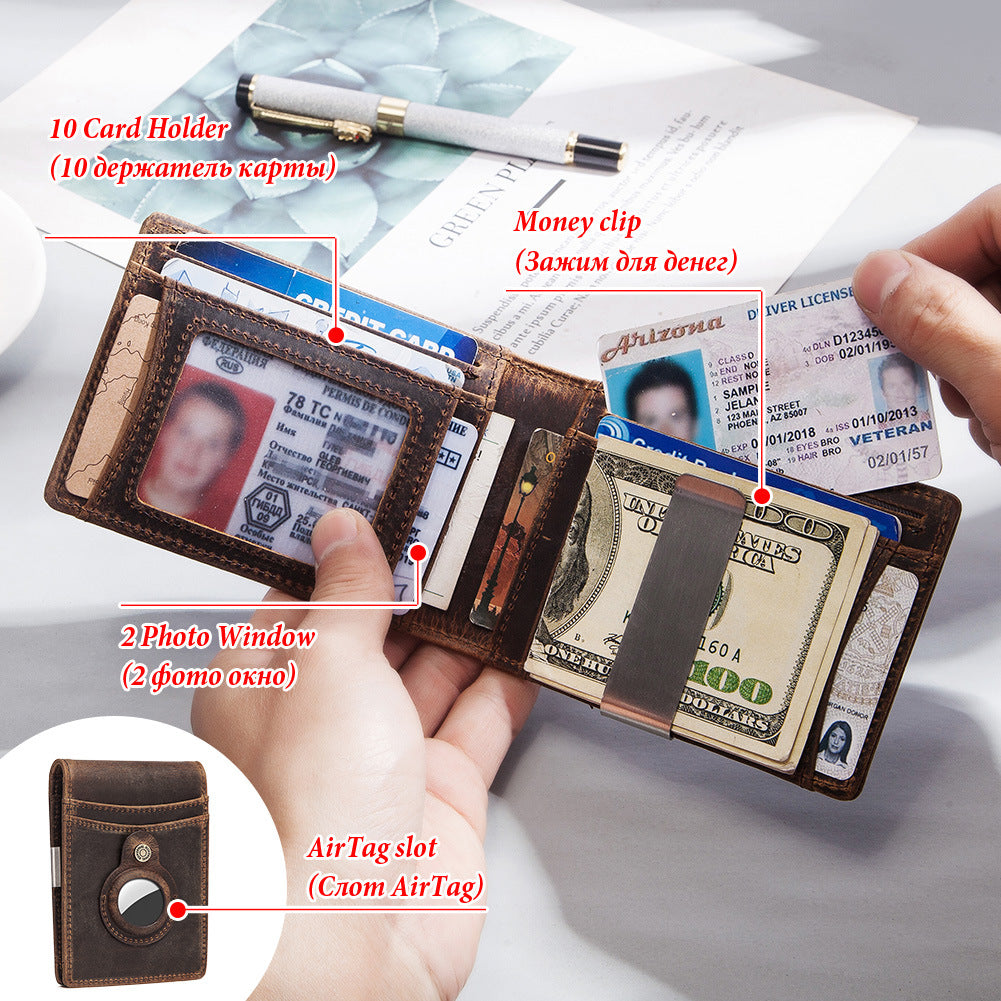 Men's Cowhide Leather Wallet with Money Clip & AirTag Holder