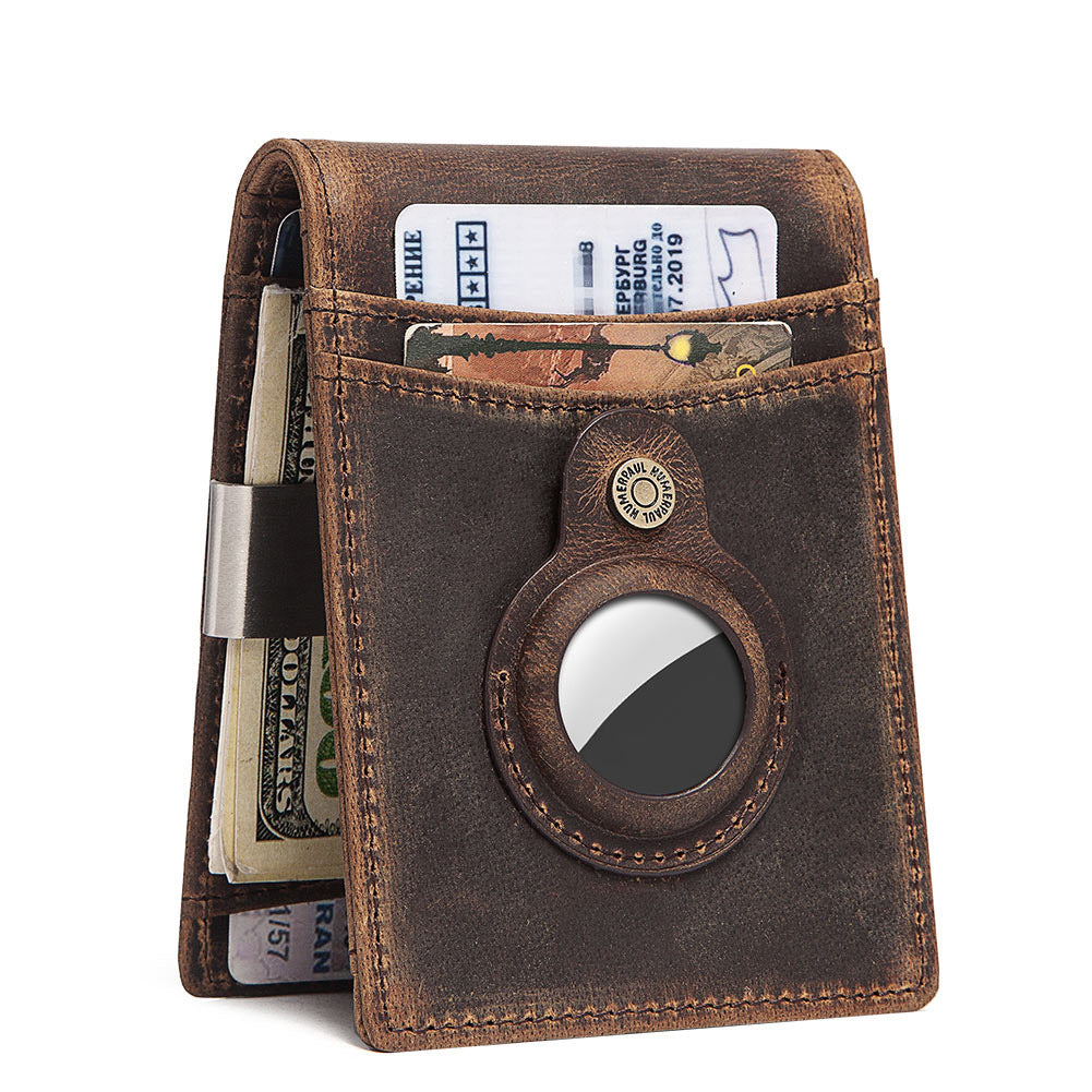 Men's Cowhide Leather Wallet with Money Clip & AirTag Holder