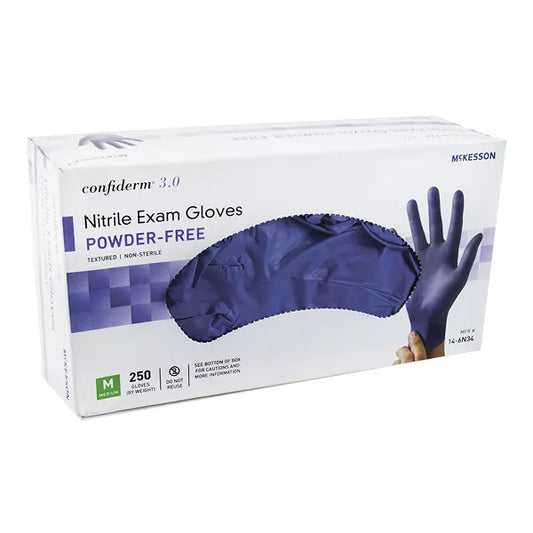 Exam Glove McKesson Confiderm® 3.0 Medium NonSterile Nitrile Standard Cuff Length Textured Fingertips Blue Not Rated