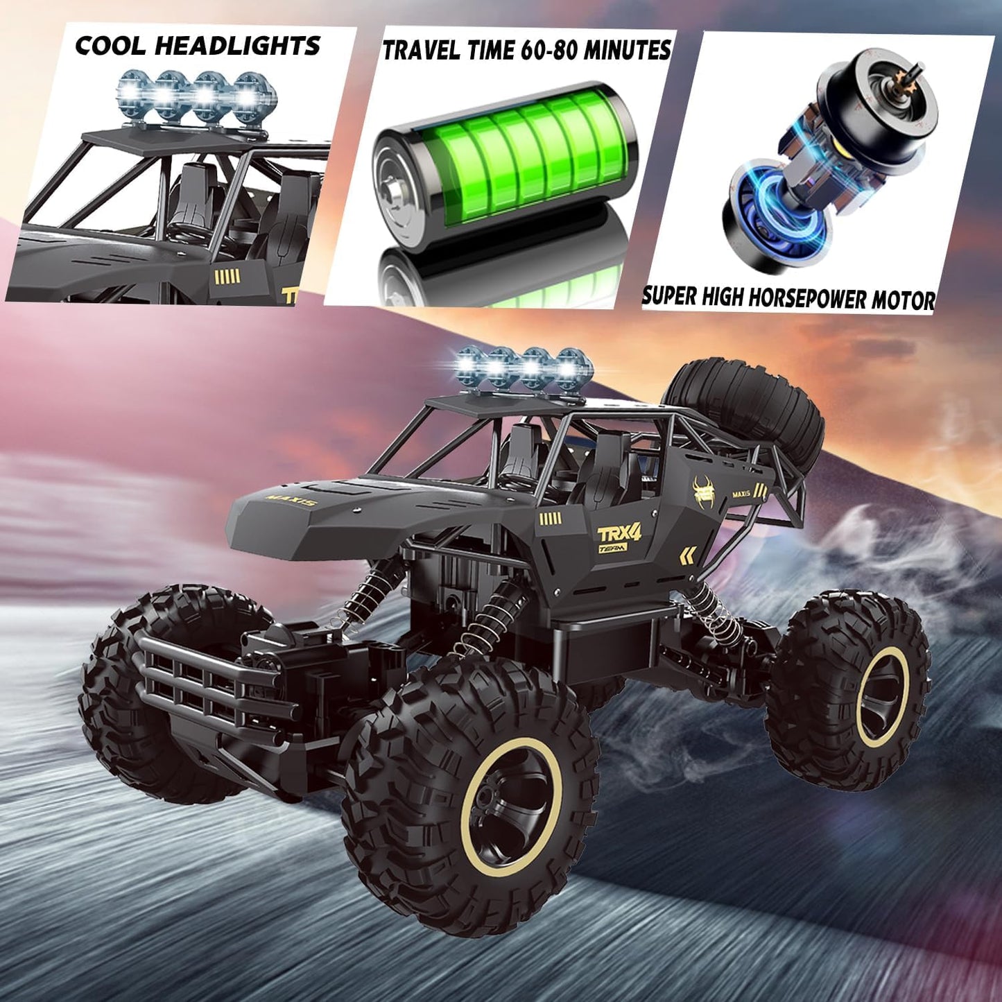 Rc Car Rock Crawler Rechargeable Off Road Truck 4WD , Metal Shell LED Headlights