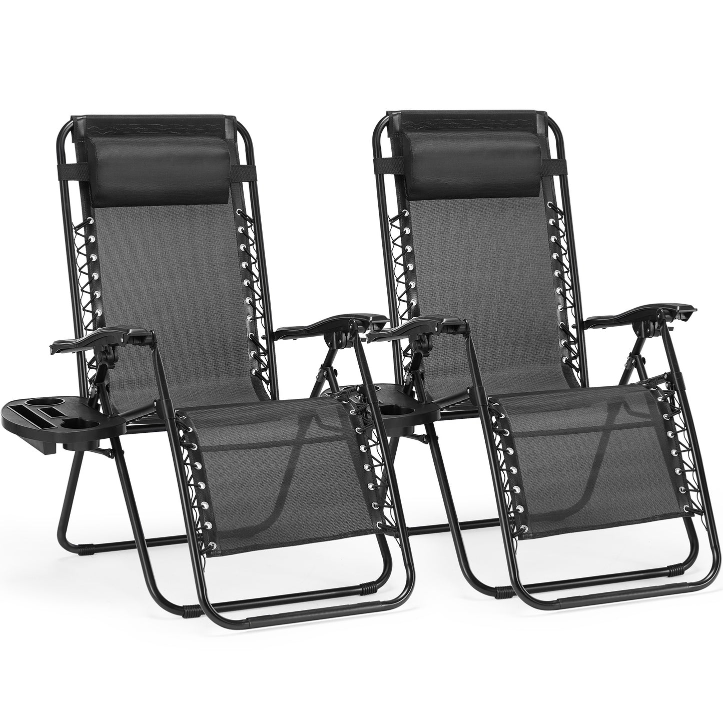 Set Of 2 Zero Cravity Lounge Chairs, Outdoor Patio Folding Recliners For Pool Beach With Pillow And Cup Holder